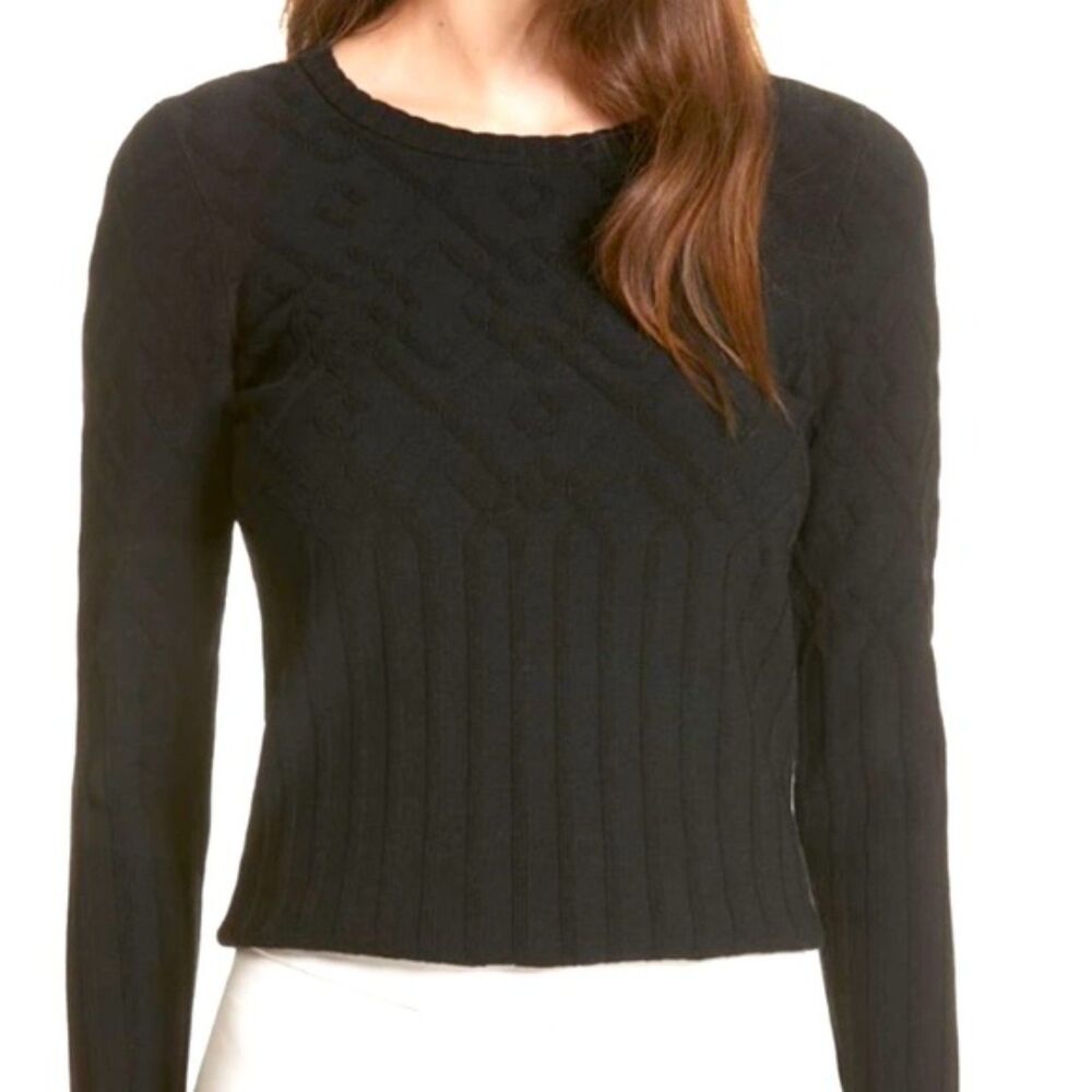 EUC MILLY Black Geometric Ribbed Knit Sweater Top Size Small Stretchy Crew‎ Neck